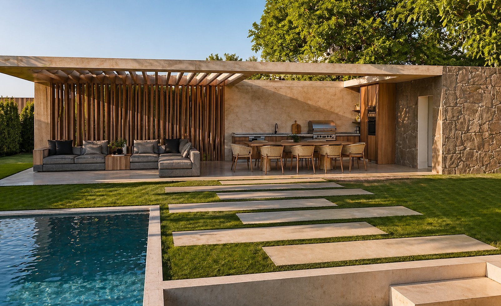 Terraza exterior con vegetación e iluminación diseñada por MUY TÚ HomeDesign